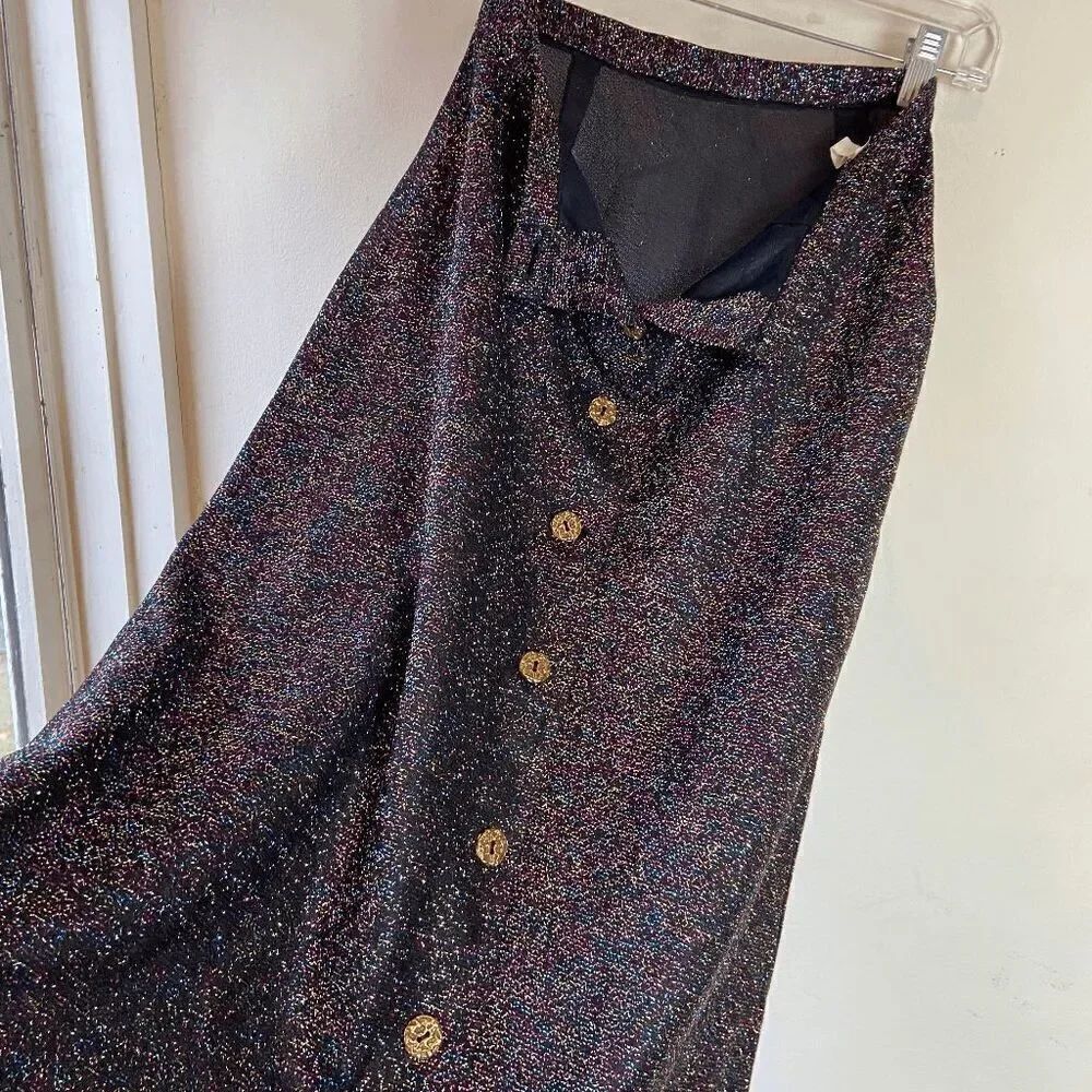 Vintage 1970s Long Buttondown Glittery Disco Style Maxi Skirt Black, Gold, Blue,